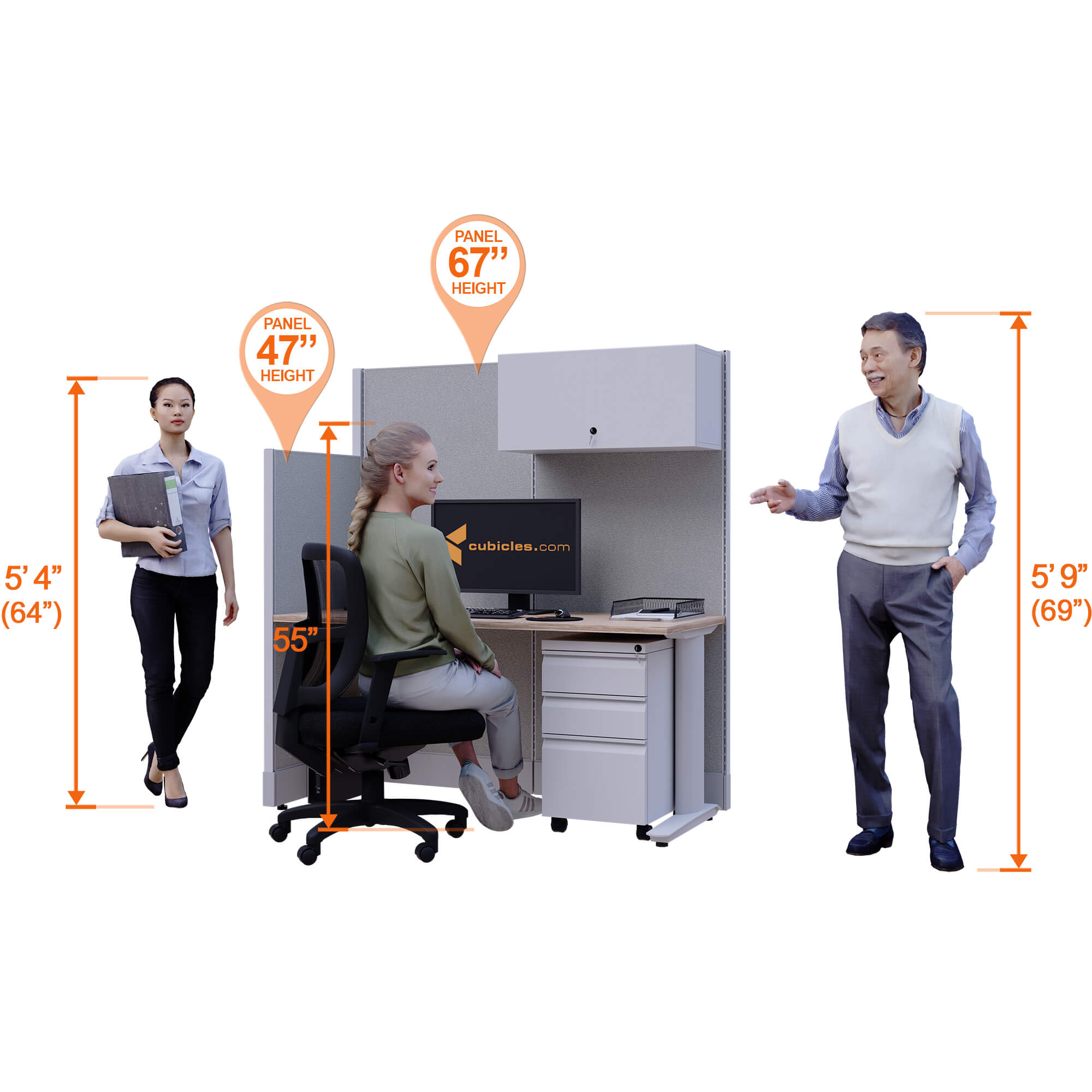 Cubicle desks straight with storage 1pack perspective heights