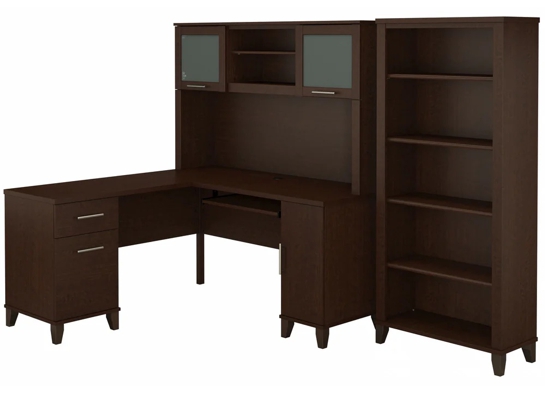 L shaped computer desk with 5 shelf bookcase 60 W highlight mocha cherry