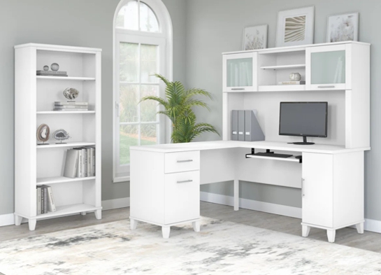 L shaped computer desk with 5 shelf bookcase 60 W space view white