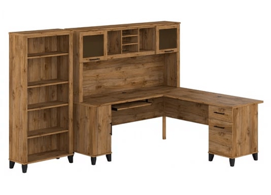 L shaped computer desk with 5 shelf bookcase 72 w highlight view fresh walnut