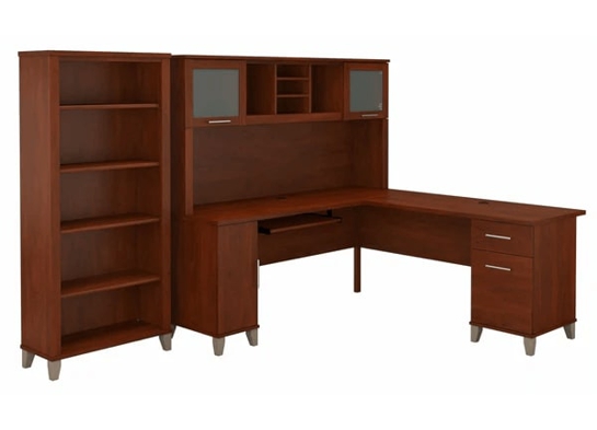 L shaped computer desk with 5 shelf bookcase 72 w highlight view hansen cherry