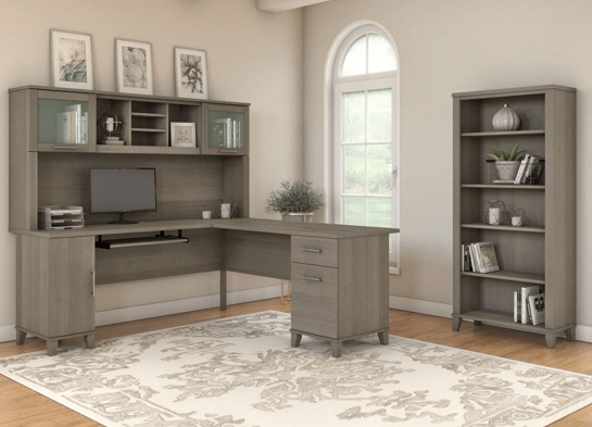 L shaped computer desk with 5 shelf bookcase 72 w space view ash gray