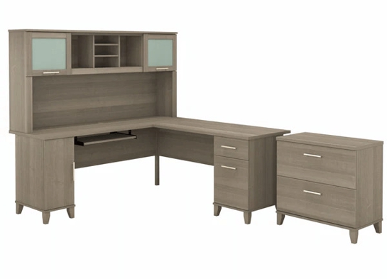 L shaped computer desk with traditional file cabinet 72 w highlight ash gray 1