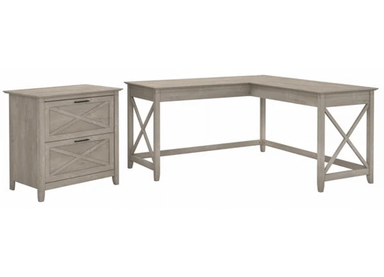 L shaped desk and file cabinet highlight washed gray