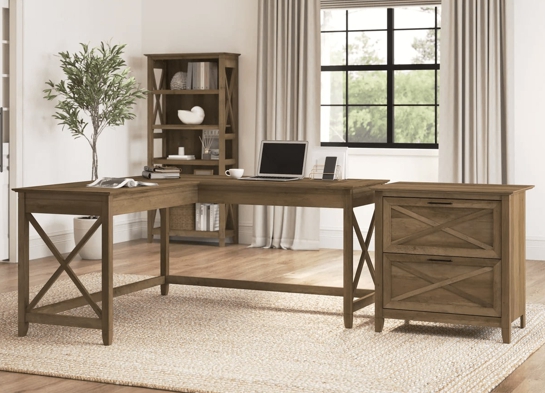 L shaped desk and file cabinet space view reclaimed pine