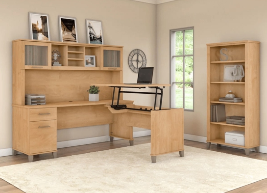 Modern office standing desk with 5 shelf bookcase space view maple cross