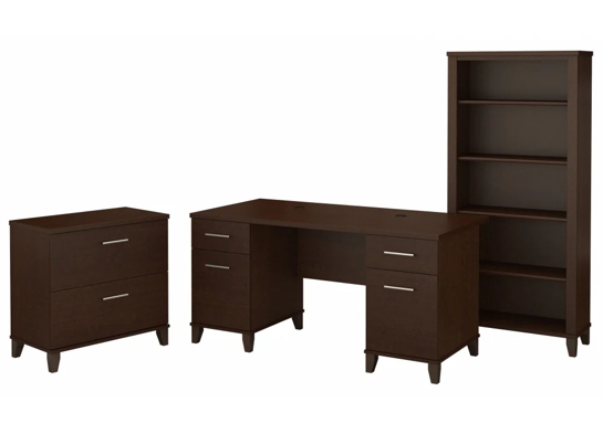 Office desk with 2 file drawers and 5 shelf bookcase highlight mocha cherry Office desk with 2 file drawers and 5 shelf bookcase highlight mocha cherry