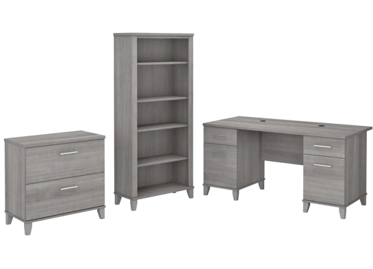 Office desk with 2 file drawers and 5 shelf bookcase highlight platinum gray Office desk with 2 file drawers and 5 shelf bookcase highlight platinum gray