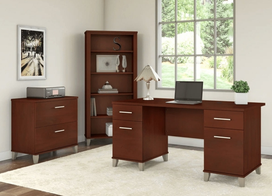 Office desk with 2 file drawers and 5 shelf bookcase space view hansen cherry Office desk with 2 file drawers and 5 shelf bookcase space view hansen cherry