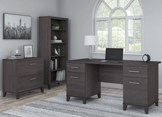 Office desk with 2 file drawers and 5 shelf bookcase space view storm gray Office desk with 2 file drawers and 5 shelf bookcase space view storm gray