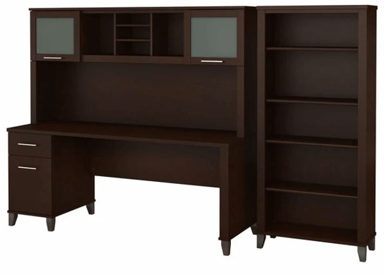 Office desk with hutch and 5 shelf bookcase highlight view mocha cherry 1