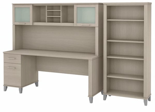 Office desk with hutch and 5 shelf bookcase highlight view sand oak 1