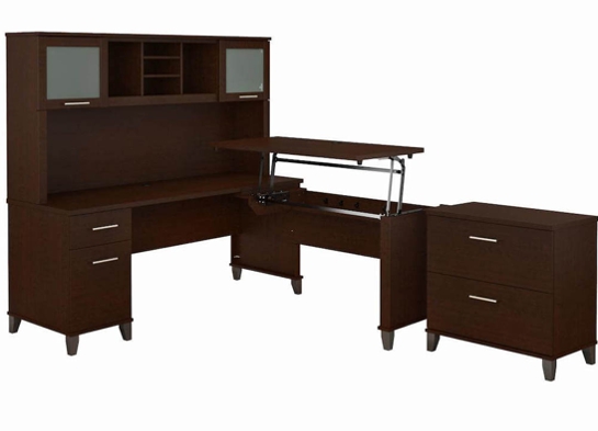 Sit and stand desk sit and stand corner desk standing desk with storage mocha cherry angle view