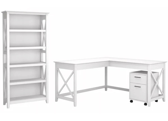 Western l shaped desk with 5 shelf wooden bookcase highlight pure white oak