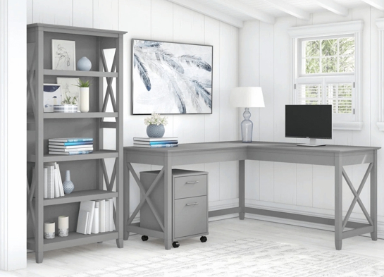 Western l shaped desk with 5 shelf wooden bookcase space view cape cod gray